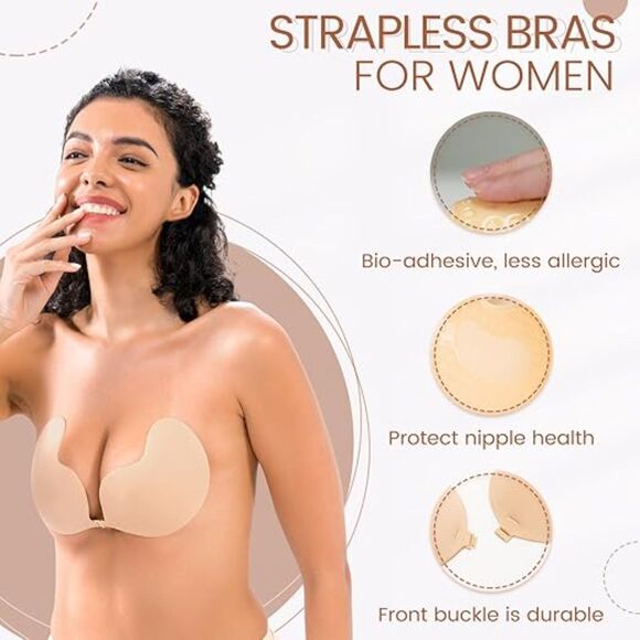Sticky Bra Backless Strapless Invisible Push Up 2pc Reusable Nipple Cover Sz C - Picture 3 of 10
